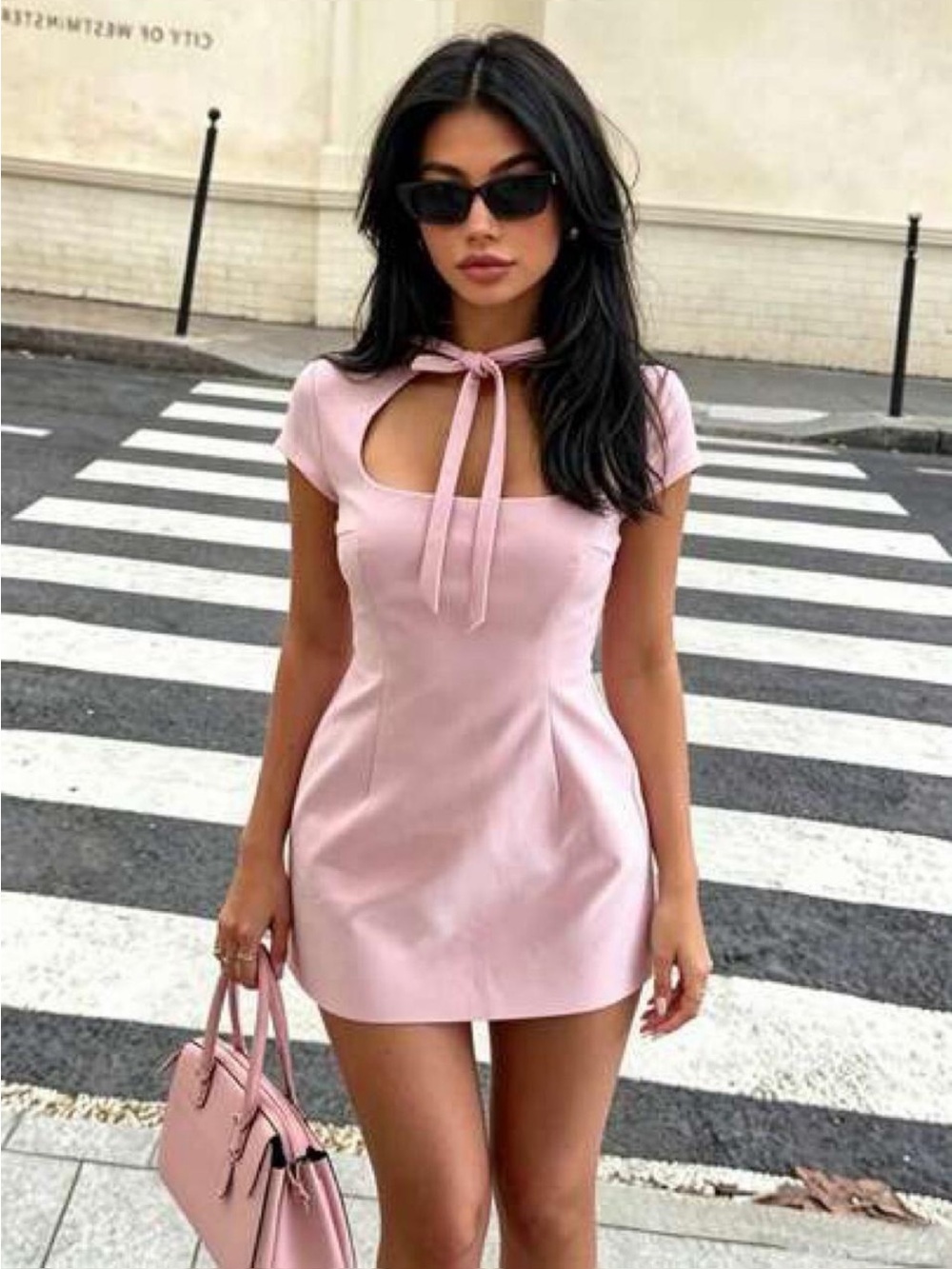 Zara Blush Tie-Neck Keyhole Mini Dress
